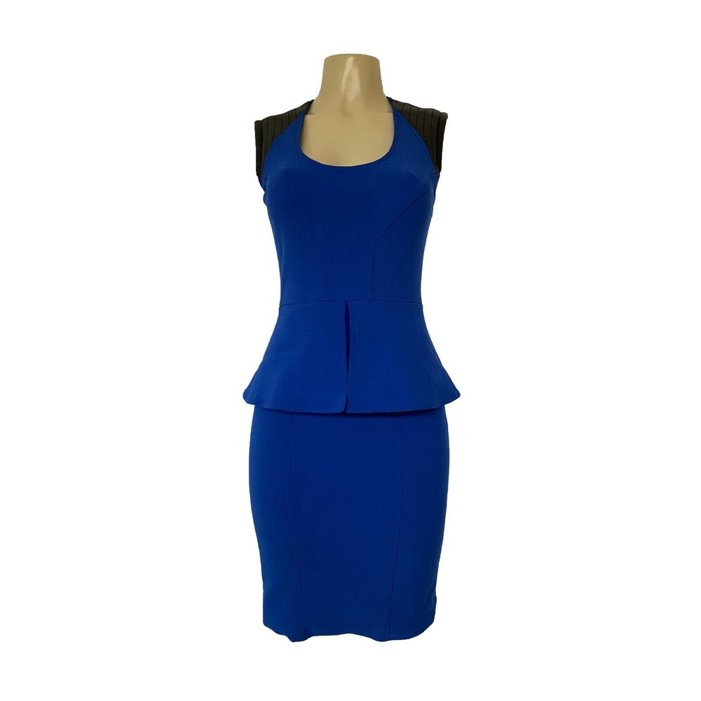 Yigal Azrouel Dress Peplum Blue Black Leather Trim Sleeveless U Neck Bac…